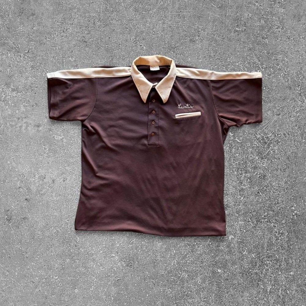 Vintage 1960s King Louie Chain Stitch Brown and Cream bowling shirt Size XL - Picture 2 of 8